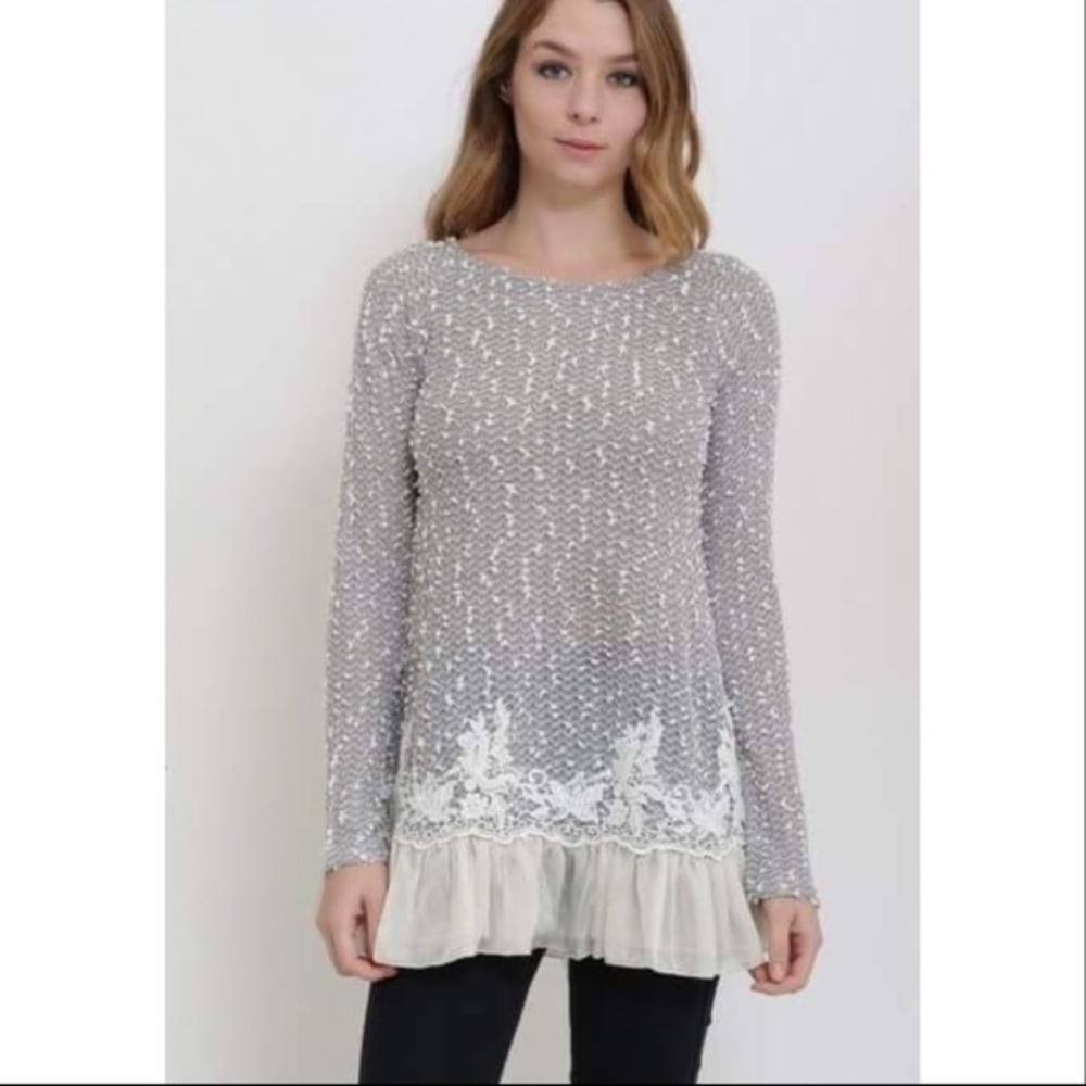 Lace and Ruffle Gray Feminine Sweater - Picture 2 of 6